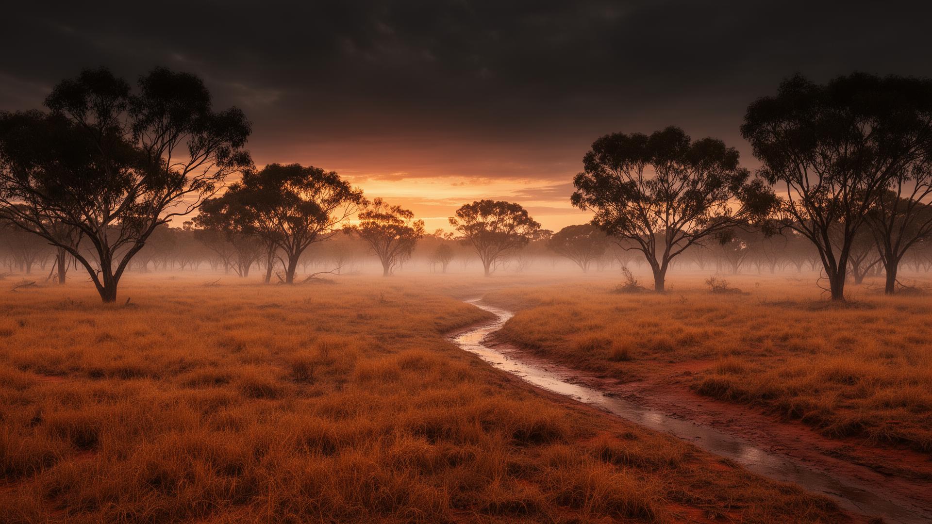Dawn breaking over the Australian outback in Myall Creek: Day of Justice